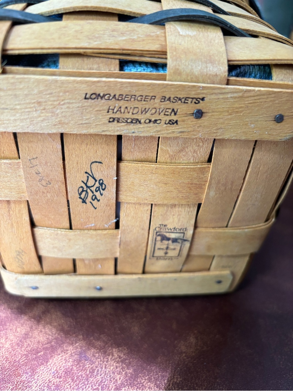 Longaberger 1998 Crawford Barn Raising basket,liner,protector & tie on - Picture 3 of 4
